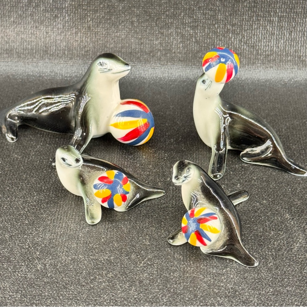 Vintage Miniature Bone China Circus Seal Figurines Set Of 4 Mini